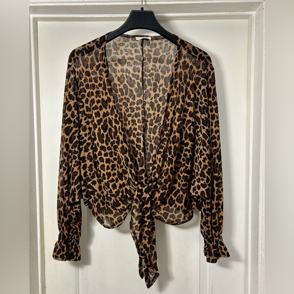 Ember Leopard Print Tie Front Mesh Top Long Sleeve Blouse Size M